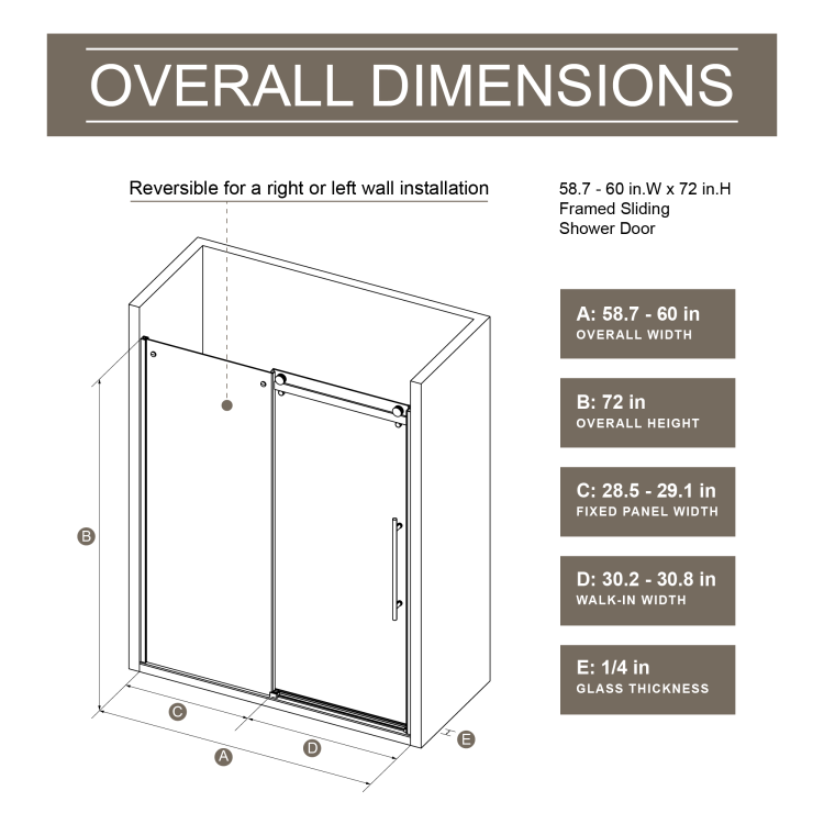 60.In W X 72.In H Frameless Shower Door Single Sliding, 1 4 Inch Thick Clear Tempered Glass Shower Door With Zinc Roller Rail System, Stainless Steel Handle, Black