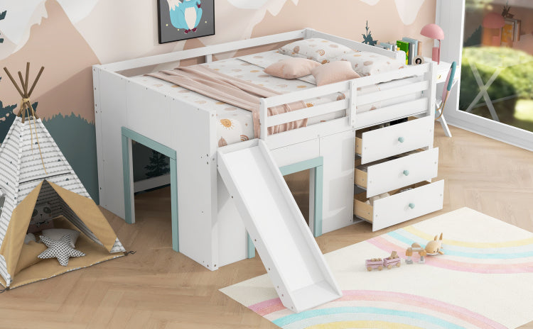 Full Size Low Loft Bed With Slide,Three Storage Drawers And Two Doors,White