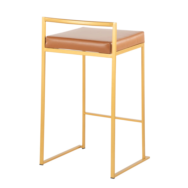 Contemporary Stackable Counter Stool In Gold With Camel Faux Leather Cushion Set Of 2