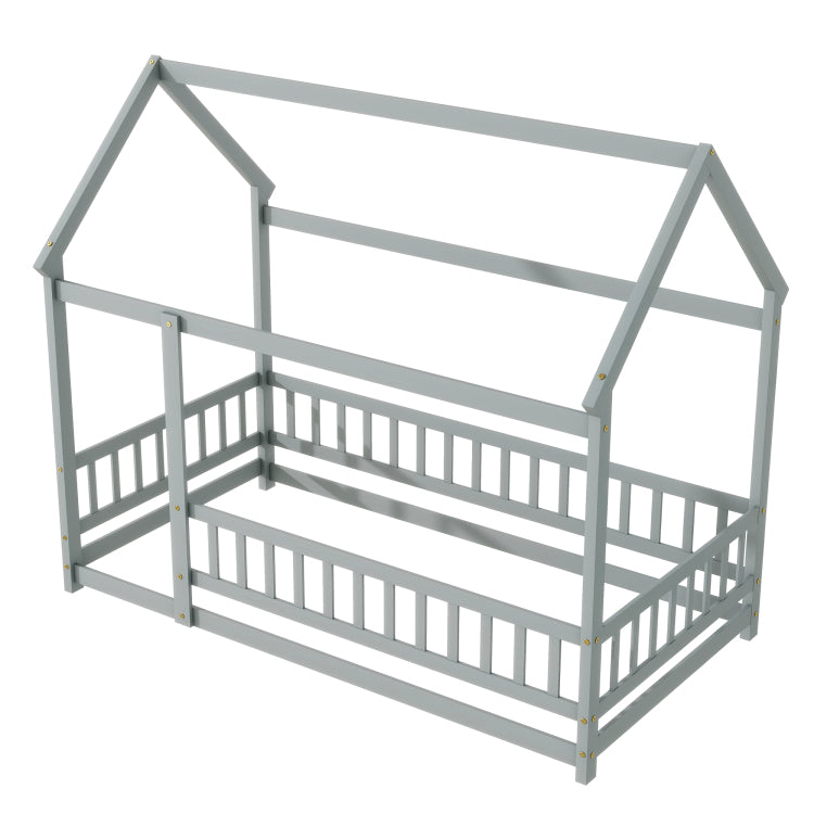 Twin Size House Floor Wooden Bed With Roof Frame,Safety Guardrails,Grey