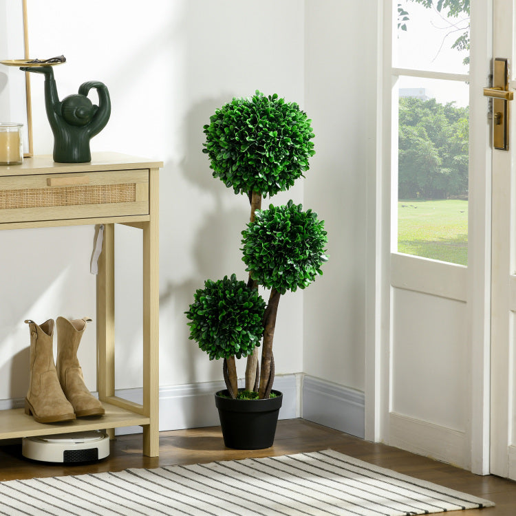 Homcom 3Ft 35.5" Artificial 3 Ball Boxwood Topiary Tree With Pot, Indoor Outdoor Fake Plant For Home Office, Living Room Decor