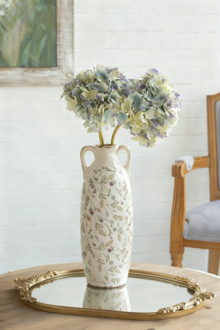 5.9X5.9X15.6" Decorative Ceramic Amphora Vase With Multi Colored Floral Motifs