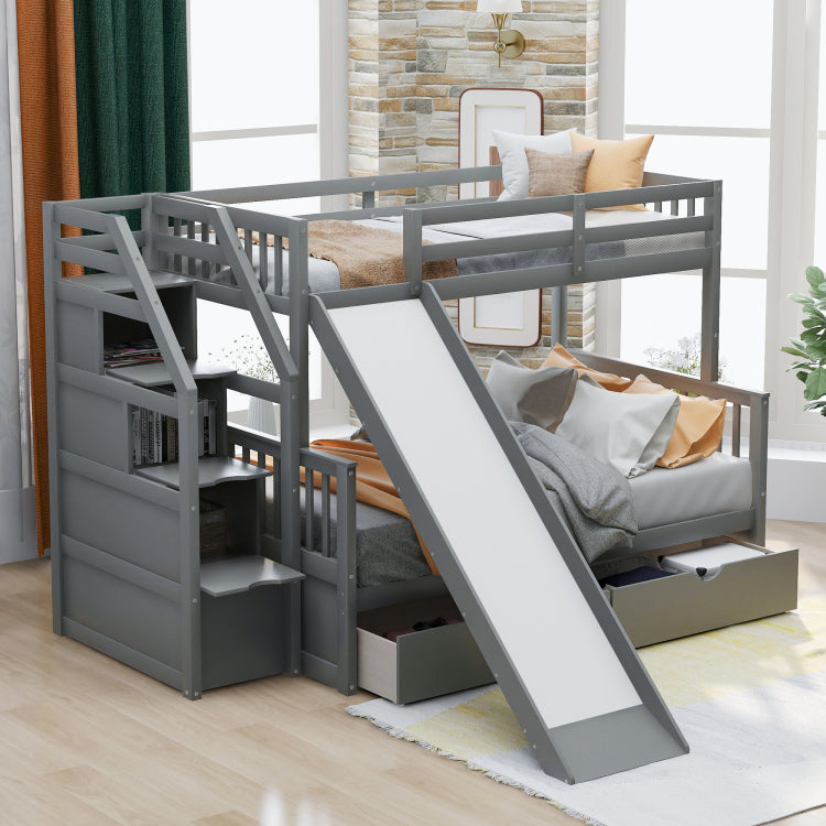 Twin Over Full Bunk Bed With Drawers,Storage And Slide, Multifunction, Gray