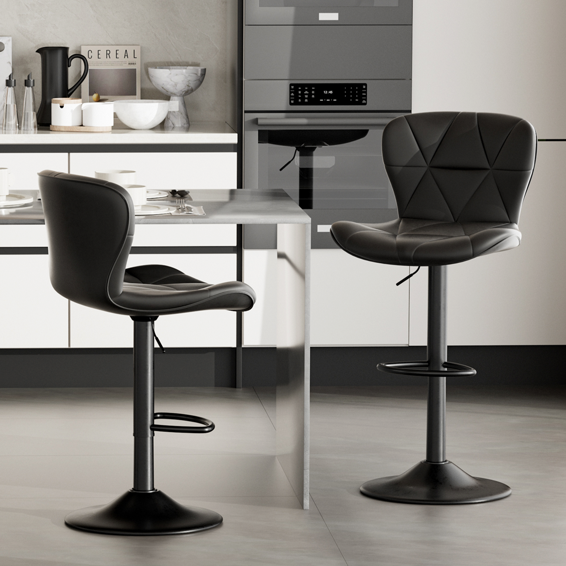 Modern Bar Stools Set Of 2, Adjustable Faux Leather Upholstered Swivel Bar Stools, Counter Height Bar Chairs With Back For Kitchen Island, Black