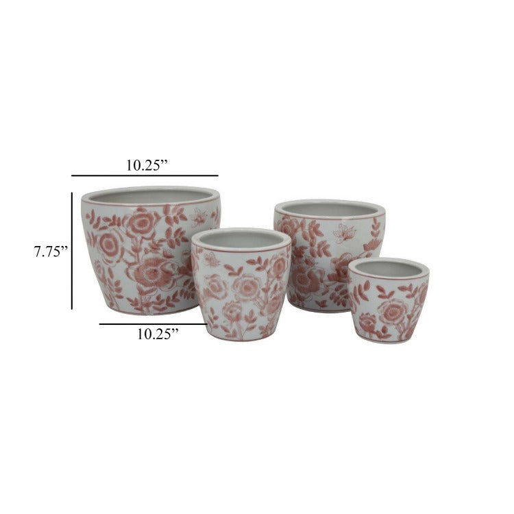 Kerry Accent Planter Pot Set Of 4, Pink Floral Pattern, White Ceramic