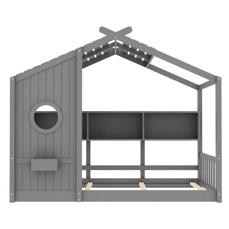 Twin Size Floor House Bed For Toddler, Kids Montessori Bed With Storage Shelf, Playhouse Bed With Roof Design, Gray