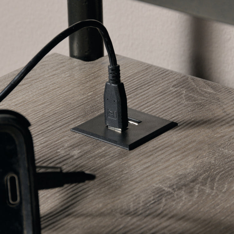 Industrial L Shaped Desk With Built In Usb Ports And Grommet Holes, Brown Finish