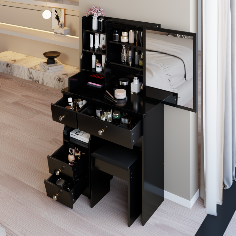 29.2" Small Space Left Drawer Desktop Vanity Table Cushioned Stool, Extra Large Right Sliding Mirror, Multi Layer High Capacity Storage, Practical Fashionable Dresser, Suitable For Small Space