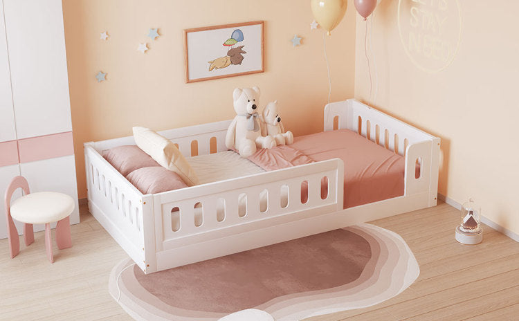 Wood Twin Size Platform Bed With Guardrail, White