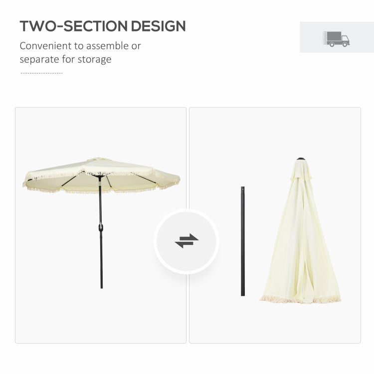 Outsunny 9Ft Patio Umbrella With Push Button Tilt And Crank, Ruffled Outdoor Market Table Umbrella With Tassles And 8 Ribs, For Garden, Deck, Pool, Cream White