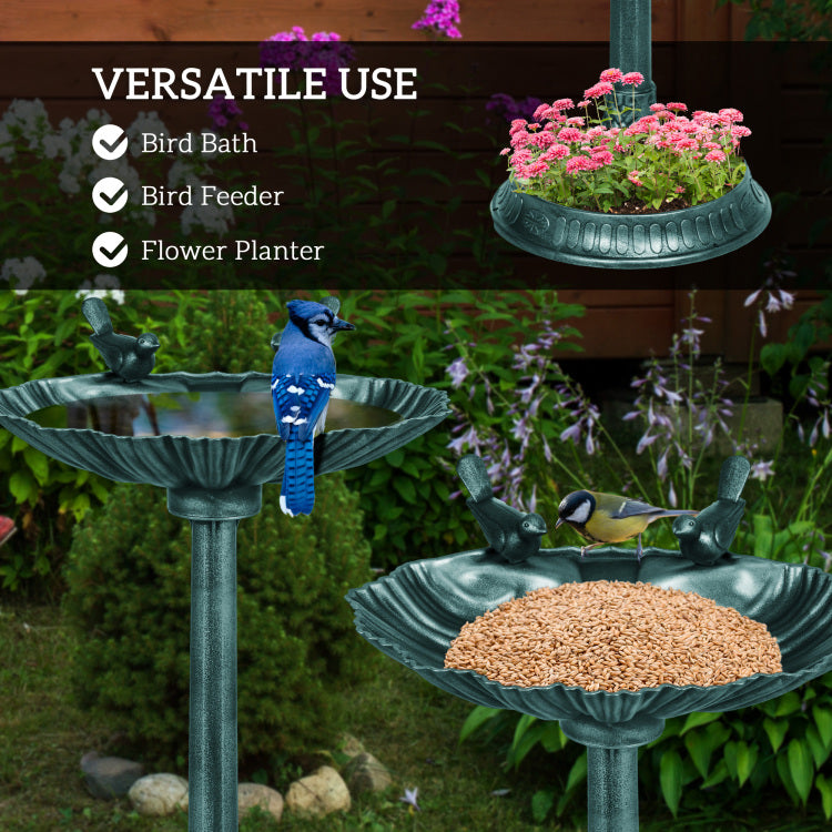 Outsunny 32" Antique Bird Bath With Pedestal Flower Planter Base, Vintage Style Decorative Birdbath, Bird Feeder Bowl & Planter Decoration Yard Statue, Verdigris
