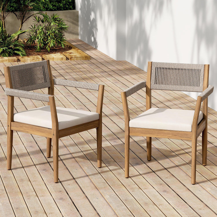 Braided Acacia Wood Outdoor Dining Chairs Set Of 2 Teak Look With Beige Rope & Cream Cushions, Armrests All Weather Patio Furniture For Garden, Poolside, And Backyard Durable & Stylish