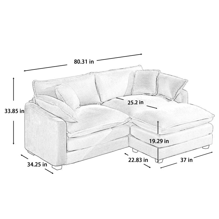 Corduroy Two Seater Sofa With 1 Footrest, L Shaped 2 Seater Sofa With Ottoman For Small Living Spaces, Light Beige Corduroy Sofa