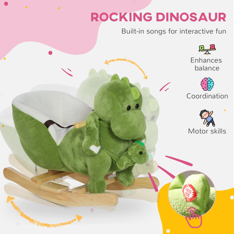 Qaba Baby Rocking Horse, Toddler Plush Dinosaur Animal Rocker With Seat Belt, 32 Songs, Hand Puppet, Kids Riding Horse Rocking Chair For 18 36 Months, Green
