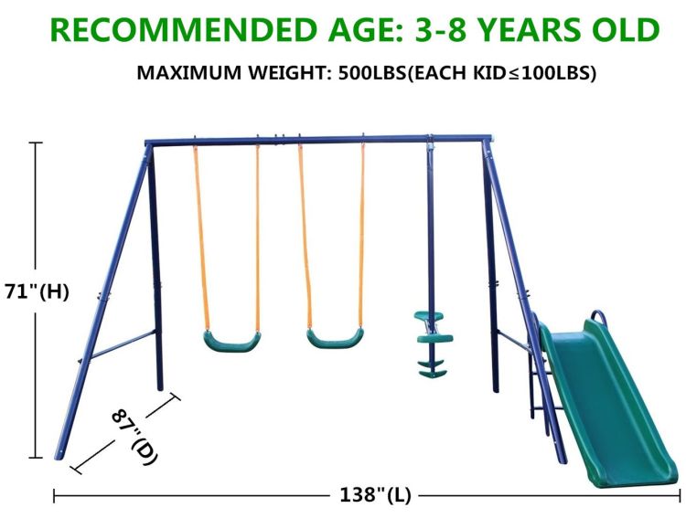 3 In 1 Swing Set With Belt Swing, Slide, Glider For Backyard