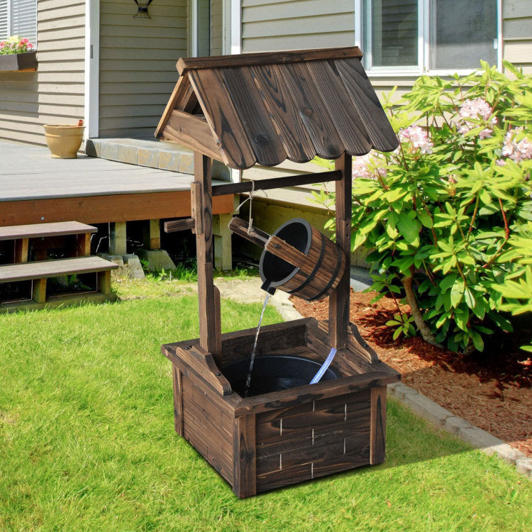 Outsunny Outdoor Wooden Wishing Well Fountain With Adjustable Water Flow Rate, Outdoor Rustic Waterfall Fountain With Electric Pump, Water Bucket, For Backyard Patio Garden Lawn, Carbonized Finish