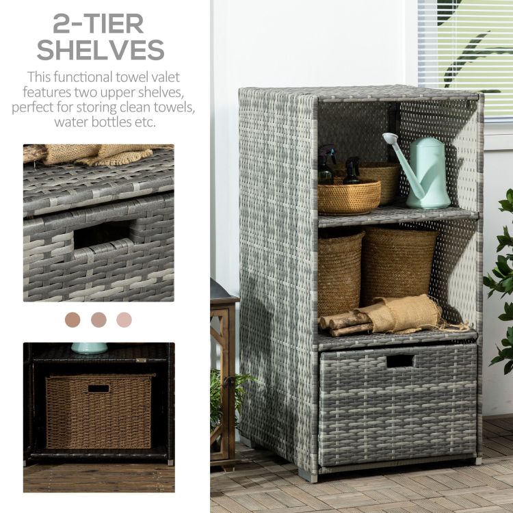 Outsunny Valet Pool Towel Rack, Waterproof Pe Plastic Rattan Wicker Storage Organizer, Indoor Outdoor Spa, And Hot Tub Accessory Storage, 2 Shelves, 1 Basket Drawer, Gray