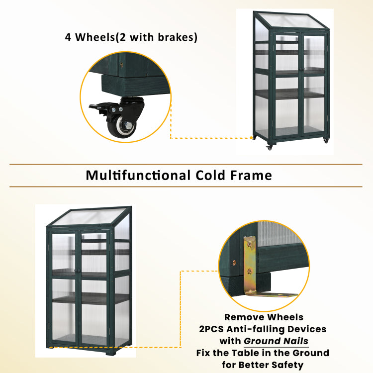 62Inch Height Wood Large Greenhouse Balcony Portable Cold Frame With Wheels And Adjustable Shelves For Outdoor Indoor Use, Forest Green