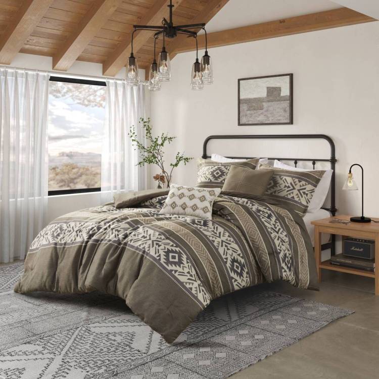 5 Piece Stripe Herringbone Comforter Set With Throw Pillows Brown Full Queen