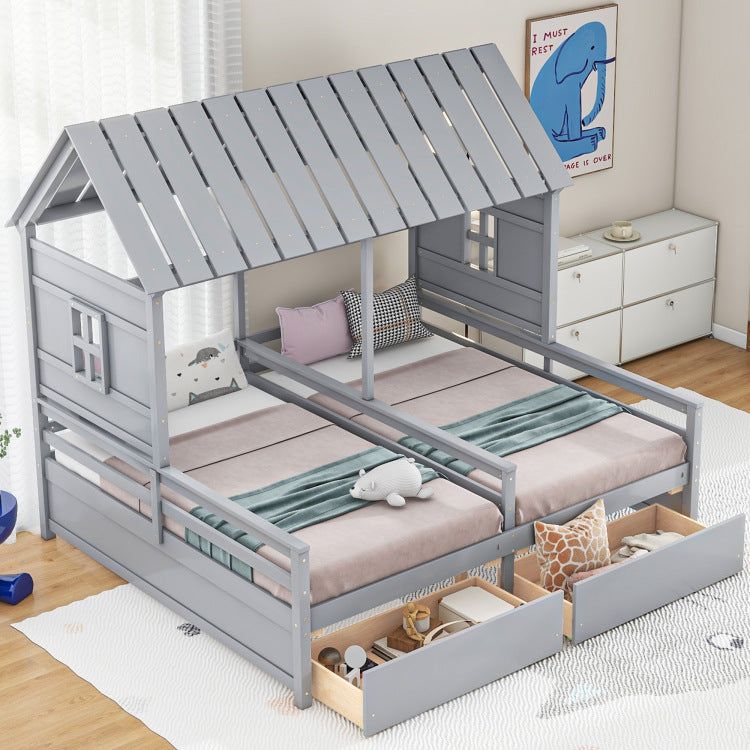 Twin Size House Platform Beds With Two Drawers For Boy And Girl Shared Beds, Combination Of 2 Side By Side Twin Size Beds, Gray