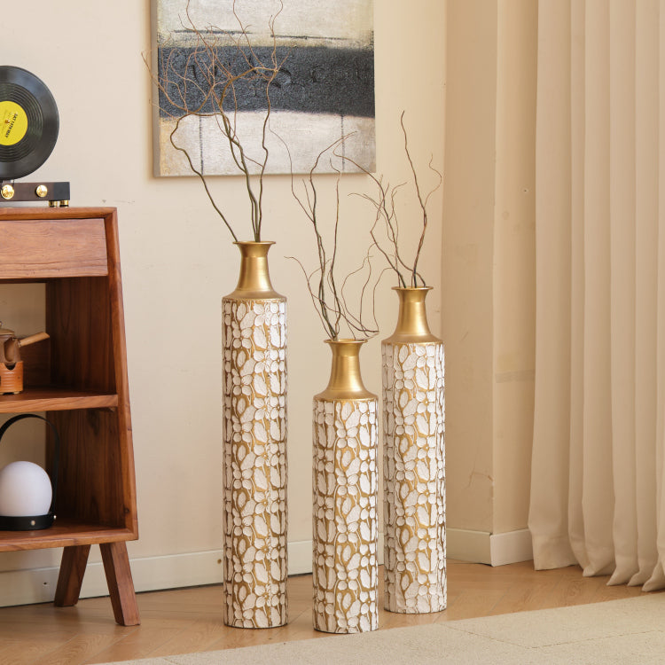 Decorative Metal Vases Set Of 3, 24 28 32.3 Inch Gold Leaf Pattern Floor Vases, White & Gold Tall Vases For Home Decor, Living Room Entryway Decor 5.31In Base Width