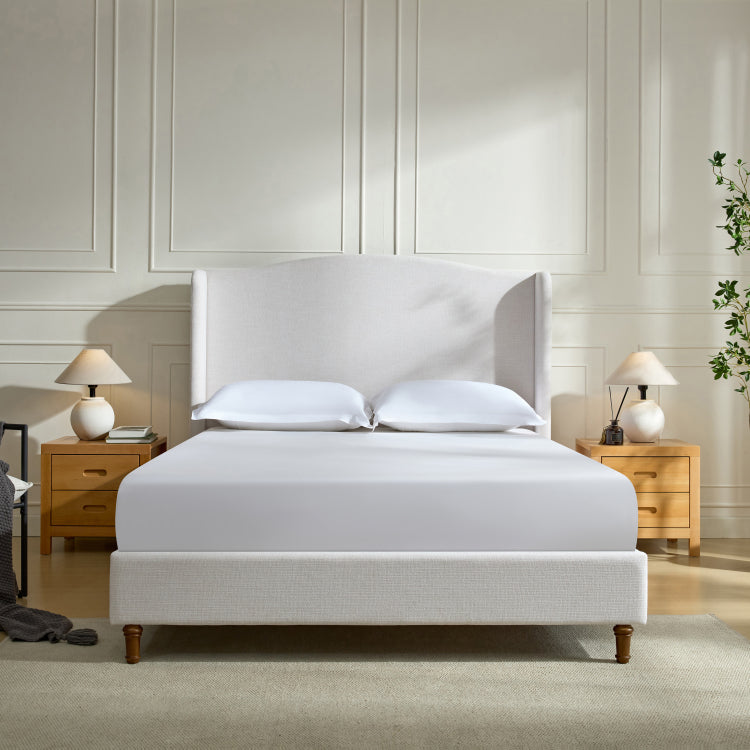 Hannah Upholstered Wingback Bed Size Queen Tall 54" Headboard Upholstered Queen Bed Premium Textured Canvas Chenille Look Ivory Minimalist Designs No Box Spring Needed Easy Assembly Queen