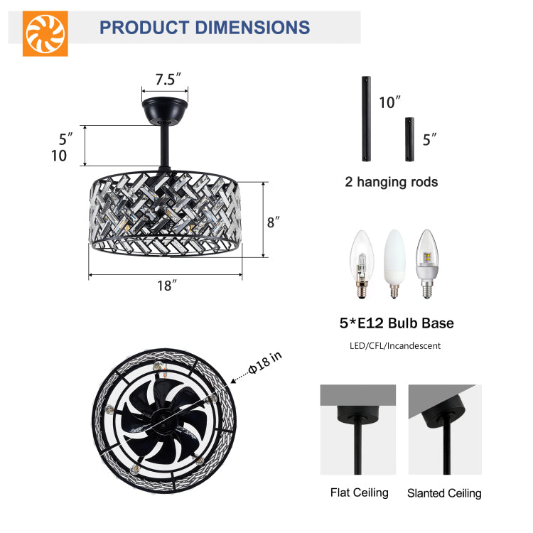 18'' Crystal Cage With Remote Control ,Quiet Motor Fan Light , Indoor Crystal Chandelier For Bedroom, Living Room, Dinning Room, Kids Room Matte Black Bulbs Not Included