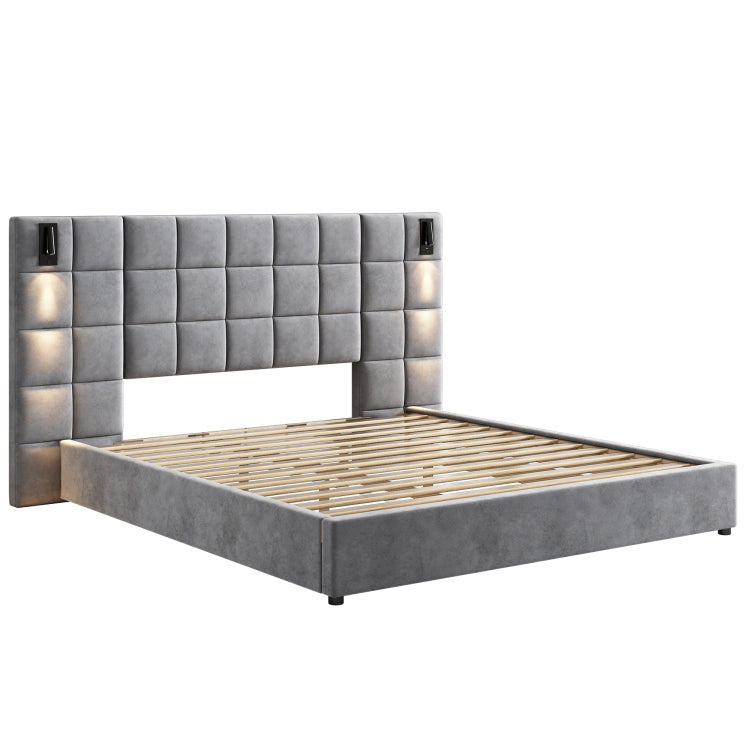 California King Size Upholstered Bed Frame,With Wall Sconce And Usb Port, Wide Headboard, Velvet, Gray