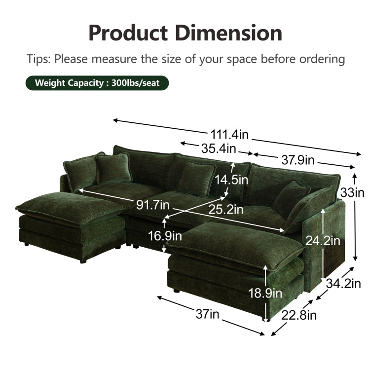 U Shaped Sectional Sofa W Reversible Footrest, 3 Seater Convertible Corner Couch With 2 Ottomans ,Modern Minimalist Soft Sofa & Couch For Living Room , Green Chenille