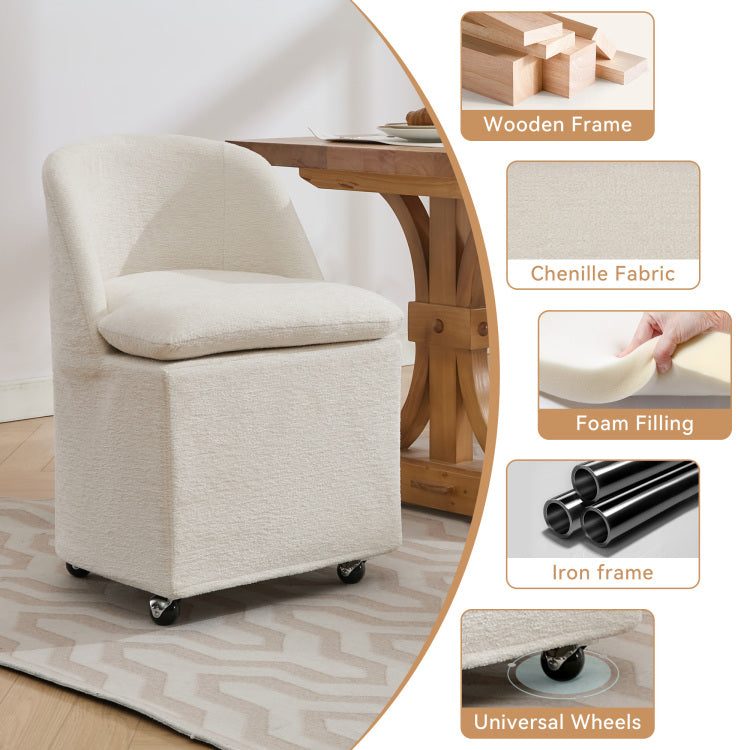 058 Set Of 2 Chenille Fabric Dining Chairs With Universal Wheels,Beige