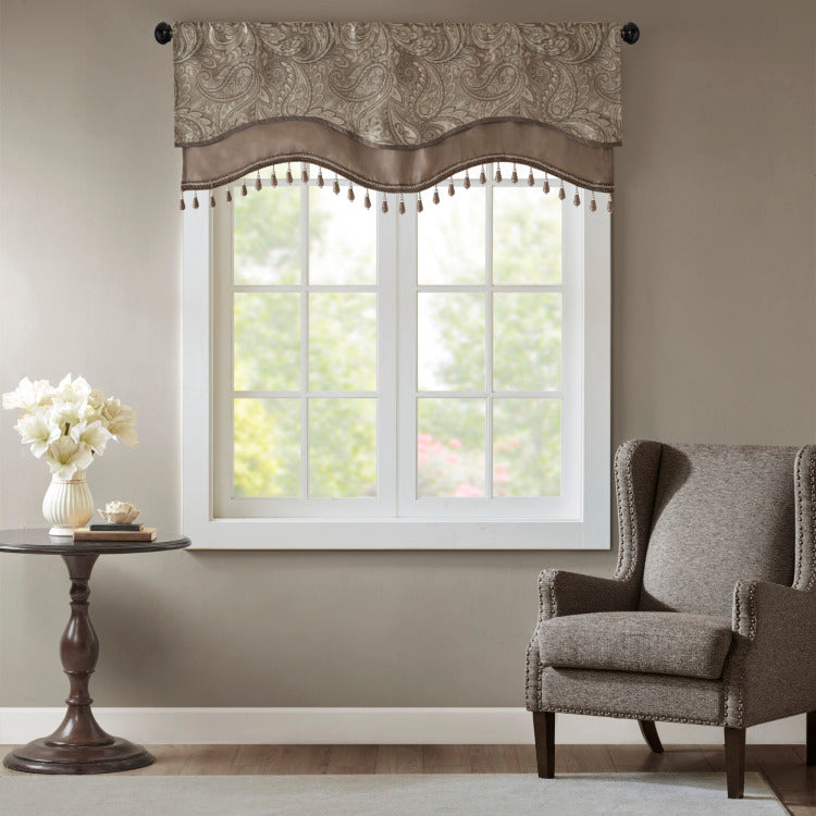 Jacquard Window Rod Pocket Valance With Beads Blue Brown 50X18"