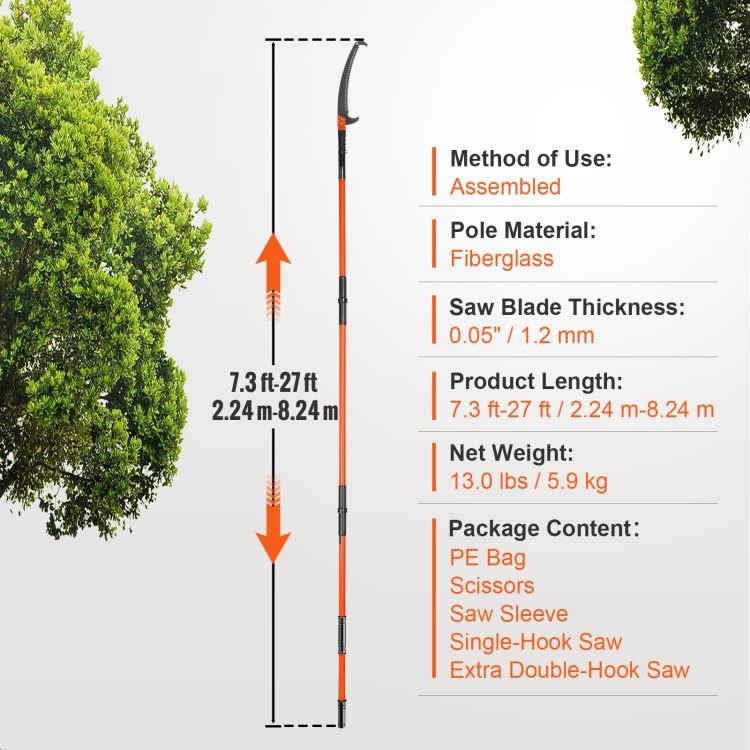 Manual Pole Saw, 7.3 27 Ft Extendable Tree Pruner, Sharp Steel Blade And Scissors High Branches Trimming, Branch Trimmer With Lightweight 8 Fiberglass Handles, For Pruning Palms And Shrubs