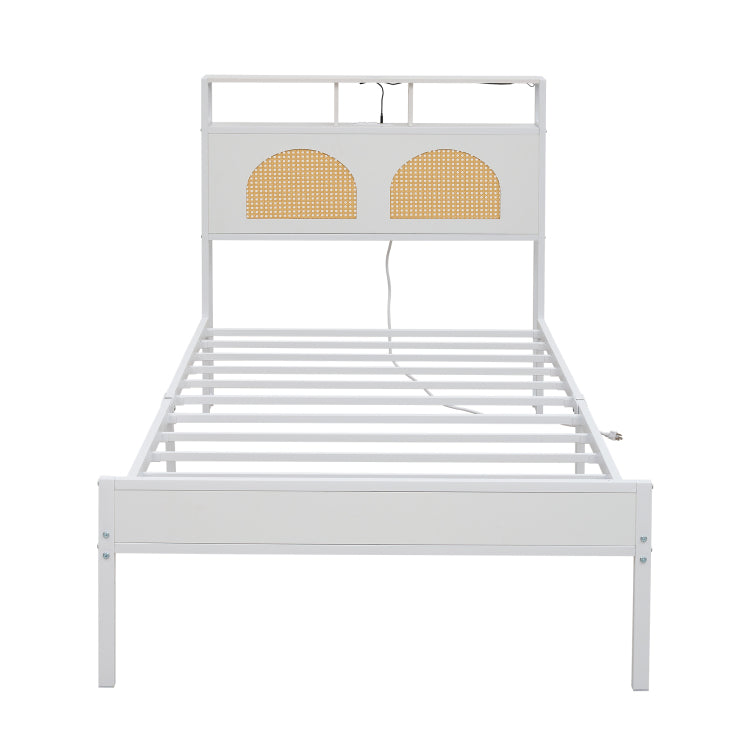 Twin Bed Frame With Headboard, Platform Bed With Led & Charging Station, The Rattan Framed Headboard Exudes A Classical Charm, No Box Spring Needed, Noise Free, Easy Assembly, White