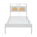 Twin Bed Frame With Headboard, Platform Bed With Led & Charging Station, The Rattan Framed Headboard Exudes A Classical Charm, No Box Spring Needed, Noise Free, Easy Assembly, White