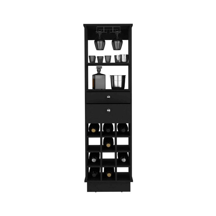 Classic Bar Cabinet, Two Drawers, Twelve Built In Wine Rack Black