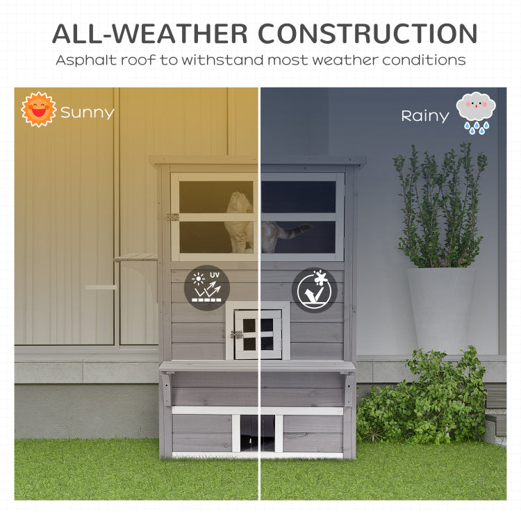 Pawhut 3 Story Cat House Feral Cat Shelter, Outdoor Kitten Condo With Raised Floor, Asphalt Roof, Escape Doors, Jumping Platforms, Grey