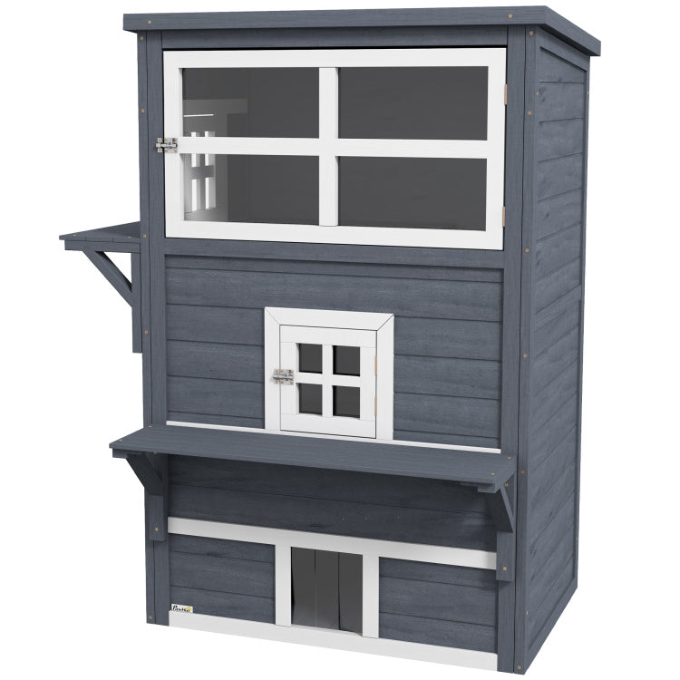 Pawhut 3 Story Cat House Feral Cat Shelter, Outdoor Kitten Condo With Raised Floor, Asphalt Roof, Escape Doors, Jumping Platforms, Dark Gray