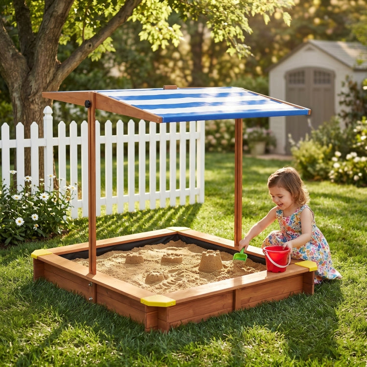 Kids Sandbox With Cover, 46" Wooden Sand Box W Adjustable Canopy, Large Outdoor Cedar Sandpit For Backyard Play