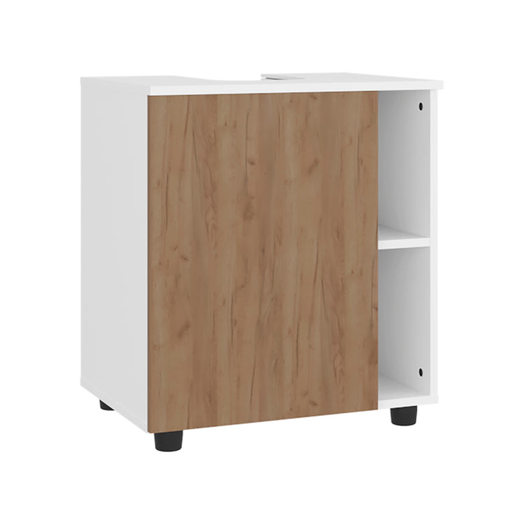 Pascuale Two Side Shelves Under Sink Cabinet With One Doors, Cut Out Back, Compact 22 Freestanging Bathroom Storage, White, Natural Oak