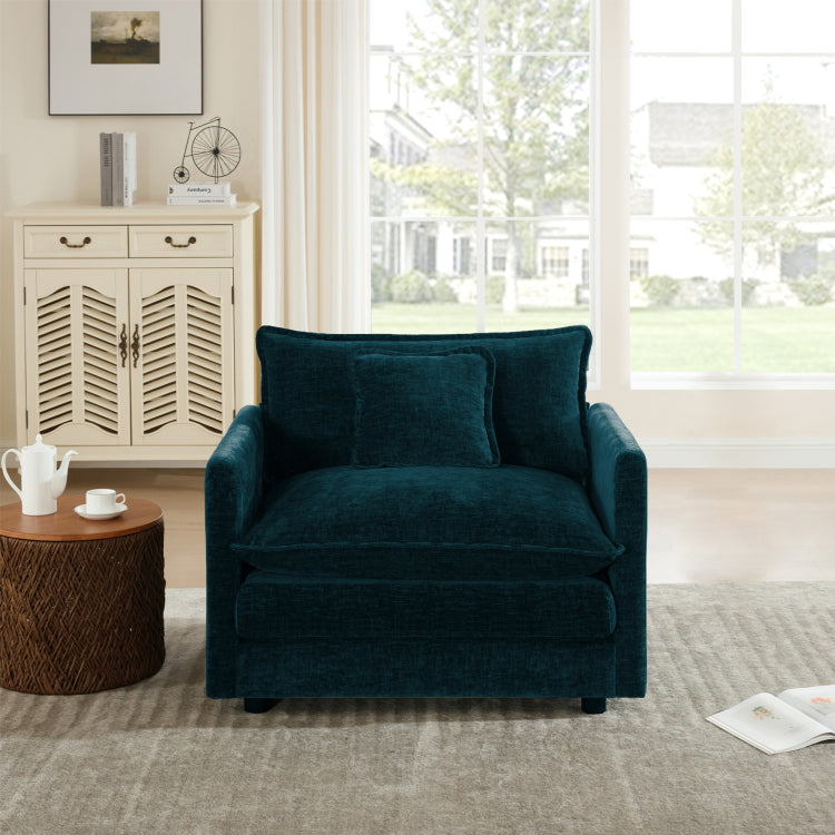 Comfy Deep Single Seat Sofa Upholstered Reading Armchair Living Room Chair Blue Chenille Fabric , 1 Toss Pillow
