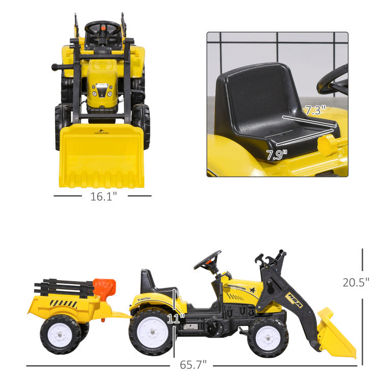 Aosom Kids Ride On Excavator, Pedal Car Bulldozer, Move Forward Back With Real Working Dirt Bucket, 6 Wheels, & Cargo Trailer