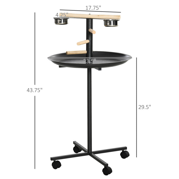Bird Feeder Station With Wheels,Portable Bird Play Stand,Stainless Steel Feeding Bowls, Tray