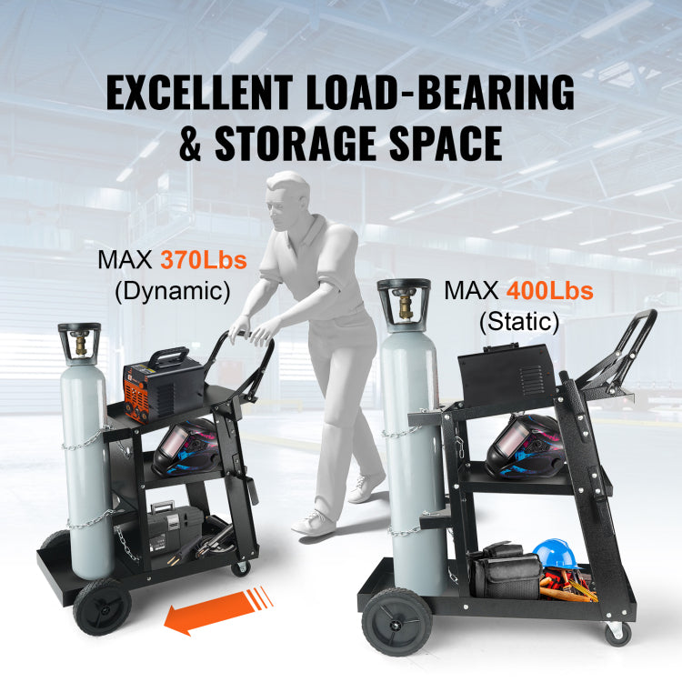 Welding Cart, 3 Tier Welder Cart Heavy Duty With 400 Lbs Weight Capacity, 360 Swivel Wheels, Tank Storage Safety Chains, Rolling Mig Welder Cart For Tig, Arc, Mma, Plasma Cutter Welding Machine
