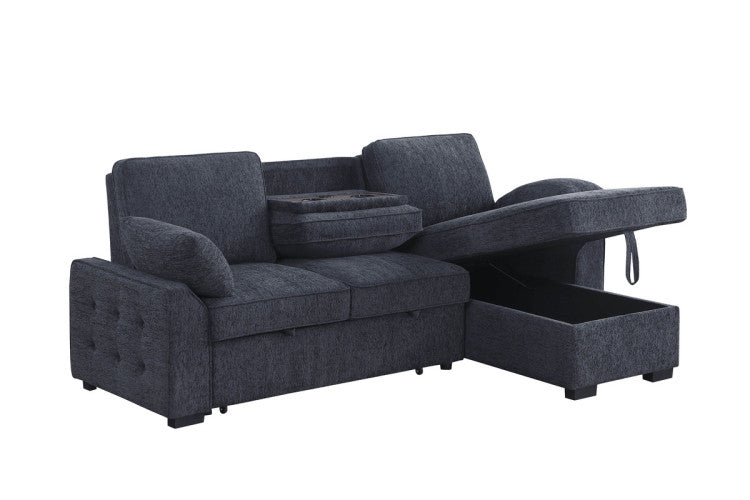 Marcello 91"W Charcoal Chenille Fabric Reversible Sleeper Sectional With Storage Chaise, Drop Down Table, Cup Holders And Charging Ports
