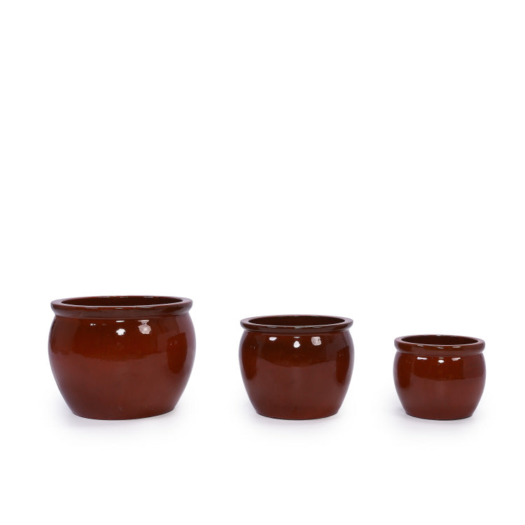 Handmade Rust Red Ceramic Plant Pots Set Of 3, 15 12 9 Inch Diameter, Indoor & Outdoor Flower Pots For Tables, Couchside, Balcony & Garden, Clay With Drainage Hole