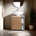 Pascuale Two Side Shelves Under Sink Cabinet With One Doors, Cut Out Back, Compact 22 Freestanging Bathroom Storage, White, Natural Oak