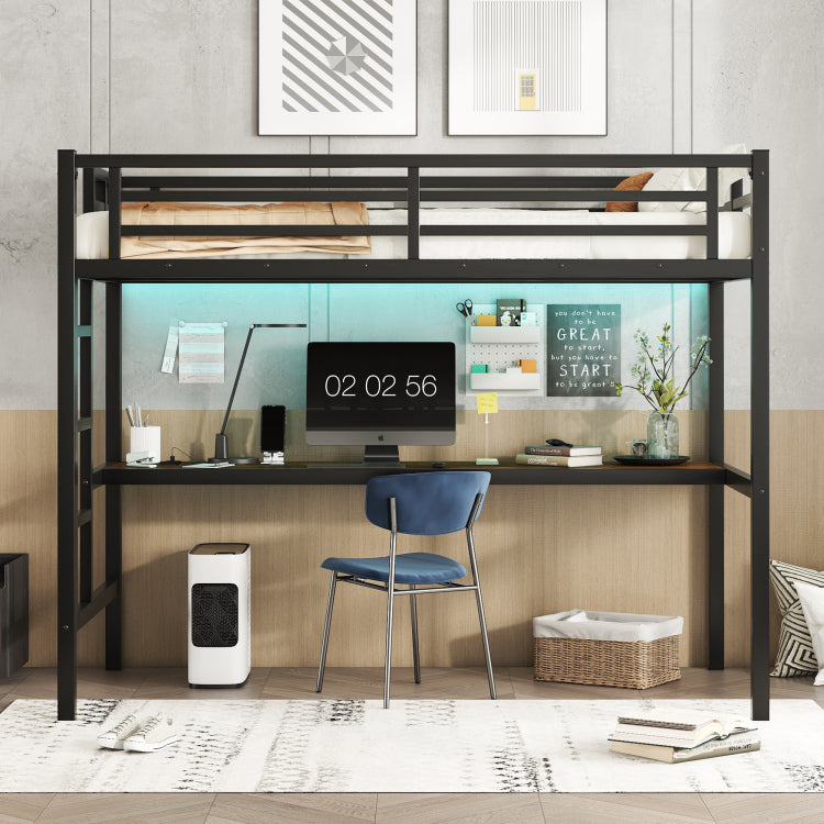 Metal Twin Xl Size Loft Bed With Power Outlet And Led Lighted, Space Saving, Noise Reduced, Black