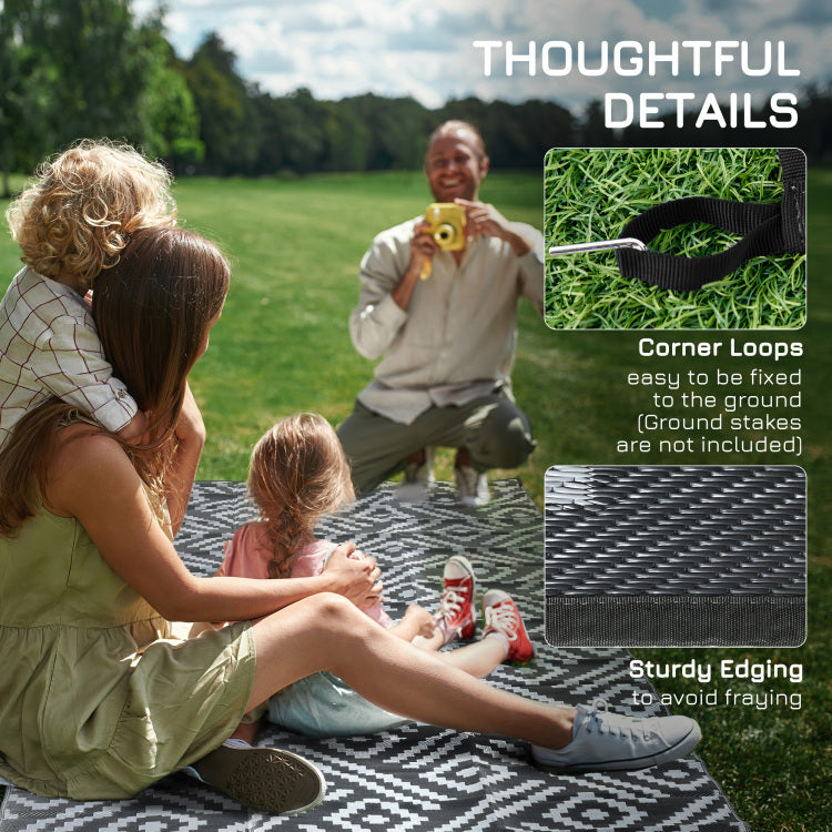 Outsunny Reversible Outdoor Rug, 9' X 18' Waterproof Plastic Straw Floor Mat, Portable Rv Camping Carpet With Carry Bag, Large Floor Mat For Backyard, Deck, Picnic, Beach, Black & Gray Geometric