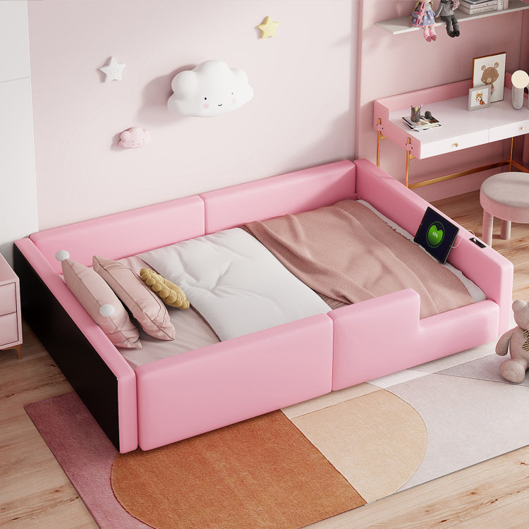 Twin Size Upholstered Platform Bed With Guardrail And Charging Station, Pink