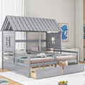 Twin Size House Platform Beds With Two Drawers For Boy And Girl Shared Beds, Combination Of 2 Side By Side Twin Size Beds, Gray